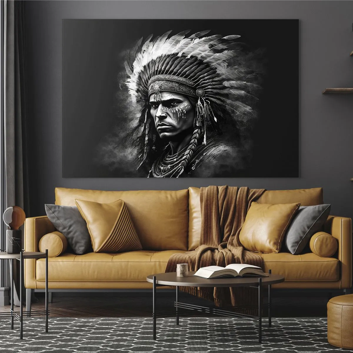 Quadro em vidro - Retrato em preto e branco de um guerreiro com um cocar de penas - 70x50cm - Um líder e um guerreiro - Decoração de parede moderna para a sala de estar e quarto ARTTOR
