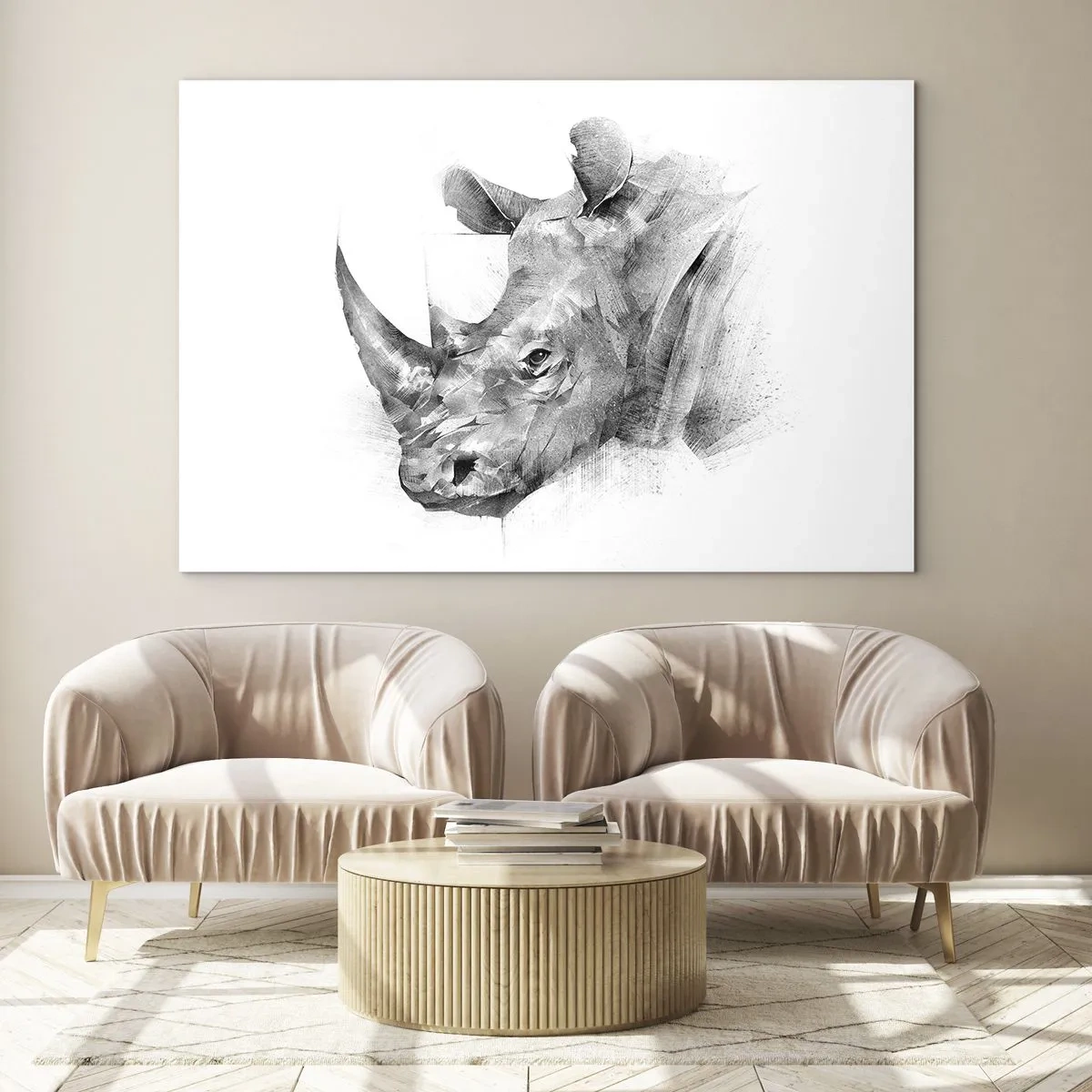 Quadro em vidro - Retrato em preto e branco de um rinoceronte em uma abordagem artística - 70x50cm - Retrato africano - Decoração de parede moderna para a sala de estar e quarto ARTTOR