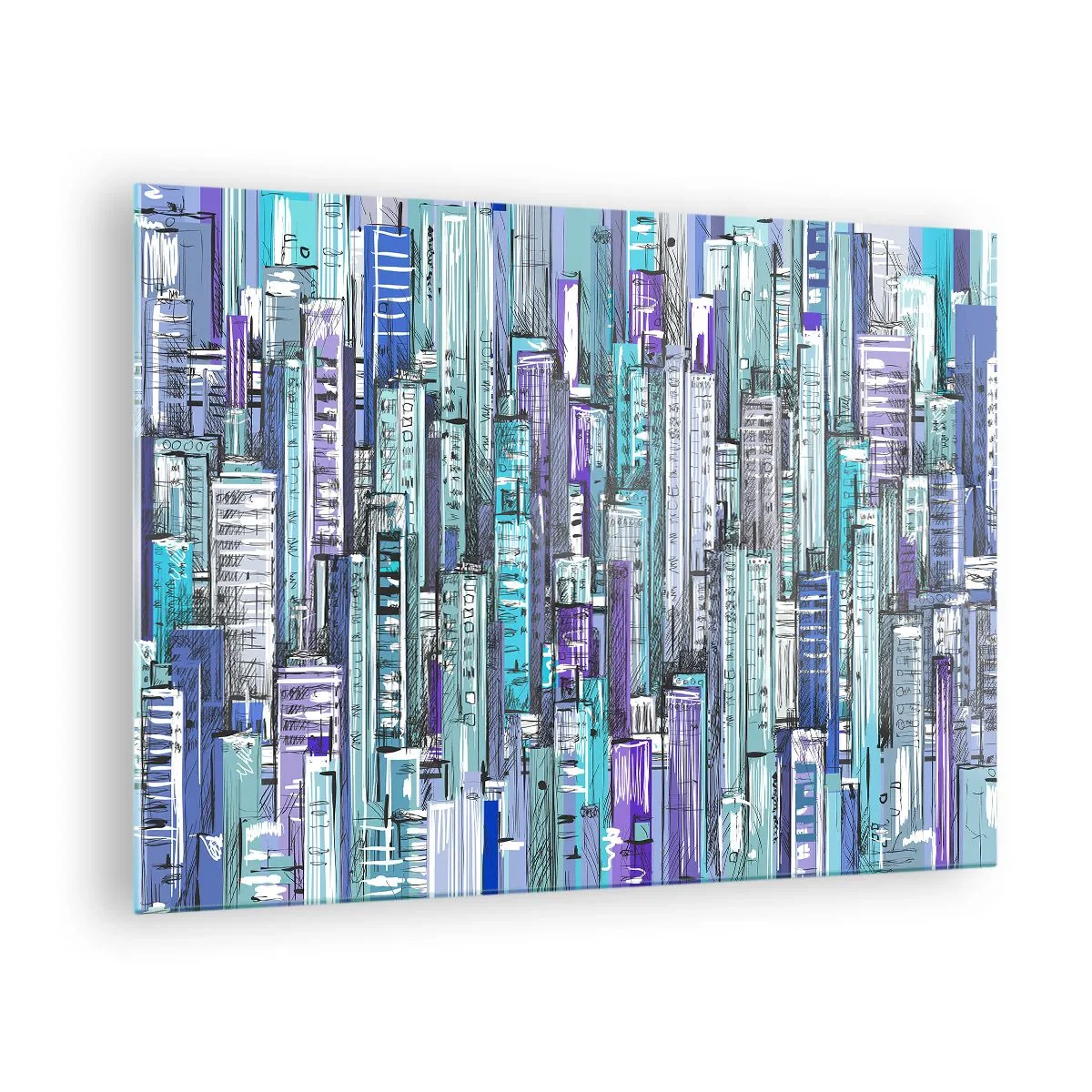 Quadro em vidro - Ilustração de uma cidade cheia de arranha-céus em tons frios - 70x50cm - Azul do céu - Decoração de parede moderna para a sala de estar e quarto ARTTOR
