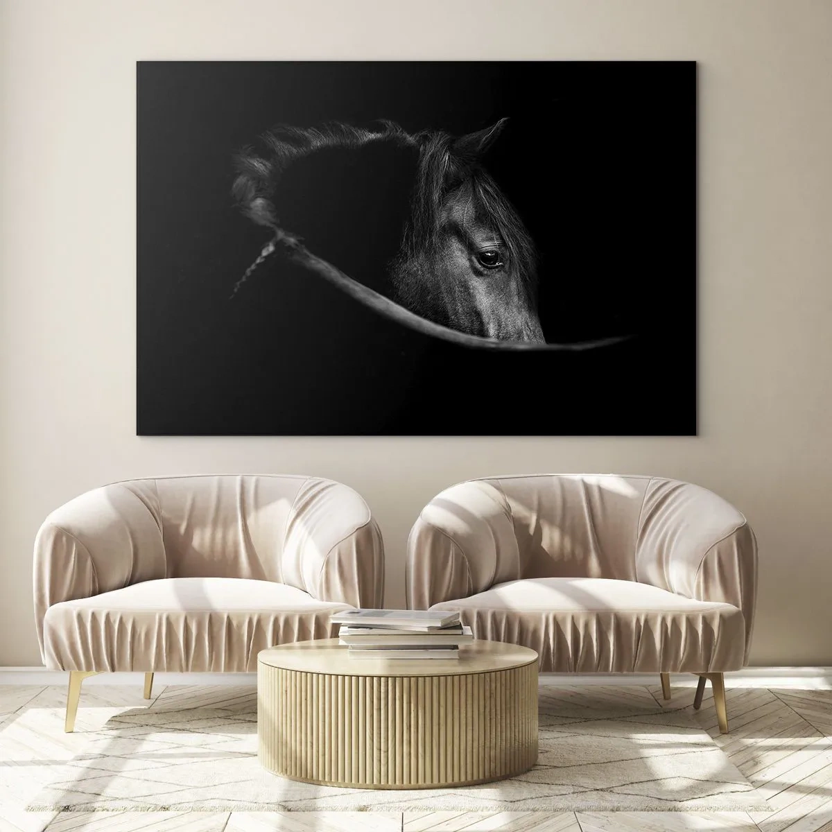 Quadro em vidro - Perfil de um cavalo preto na sombra com um olho visível - 70x50cm - Príncipe Negro - Decoração de parede moderna para a sala de estar e quarto ARTTOR