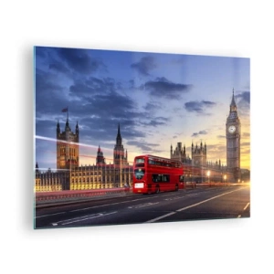 Quadro em vidro - Big Ben e o Ônibus Vermelho em Londres ao Pôr do Sol - 70x50cm - Marcas distintivas - Decoração de parede moderna para a sala de estar e quarto ARTTOR