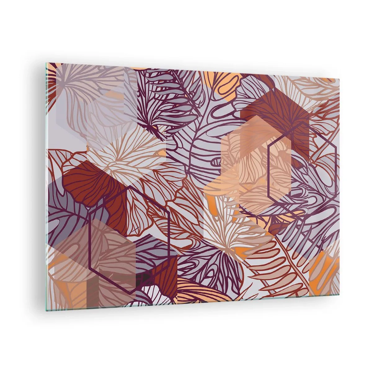 Quadro em vidro - Folhas gráficas sobre um fundo de formas geométricas - 70x50cm - A impossível relação entre a geometria e a natureza - Decoração de parede moderna para a sala de estar e quarto ARTTOR