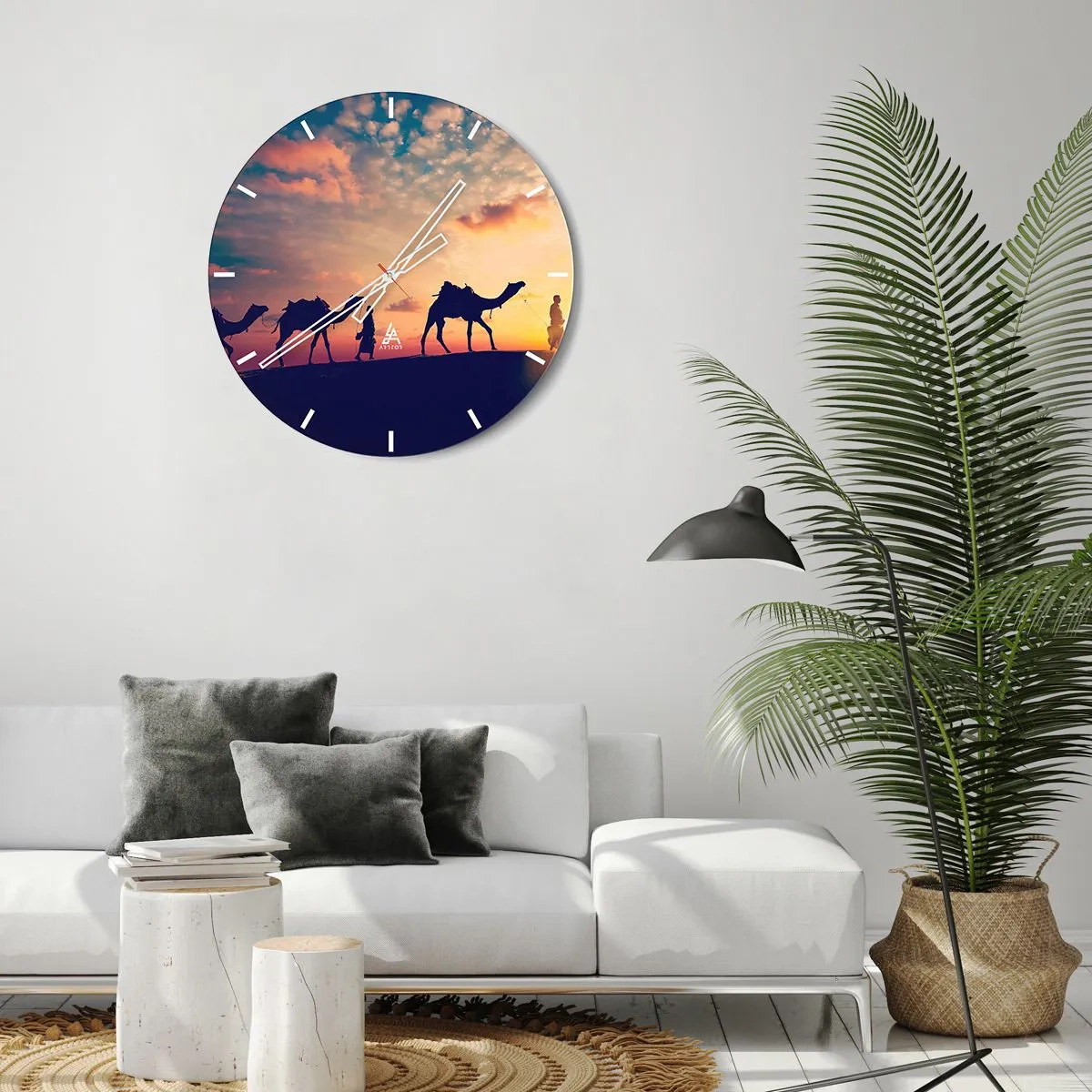 Relógio de parede - Relógio em vidro - Uma caravana de camelos tendo como pano de fundo o pôr do sol no deserto - 30x30cm - O misterioso espírito do Oriente - Decoração de parede moderna para a sala de estar, cozinha e quarto ARTTOR