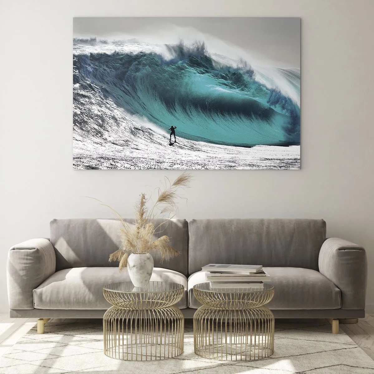 Quadro em vidro - Um surfista em frente a uma onda enorme - 70x50cm - Desafio aceite - Decoração de parede moderna para a sala de estar e quarto ARTTOR