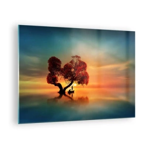 Quadro em vidro - Uma árvore com folhas vermelhas contra o pano de fundo do pôr do sol - 70x50cm - A distância e o silêncio do mundo - Decoração de parede moderna para a sala de estar e quarto ARTTOR