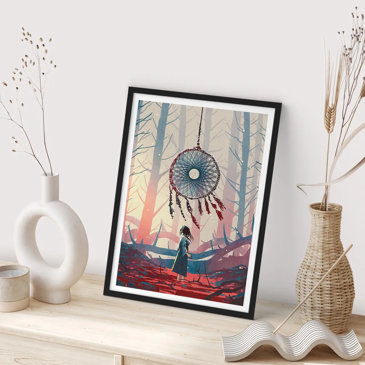 Pôster com moldura preta - Uma figura na floresta com um apanhador de sonhos sobre um fundo pastel. - 50x70cm - O ritual secreto da felicidade - Decoração de parede moderna para a sala de estar e quarto ARTTOR
