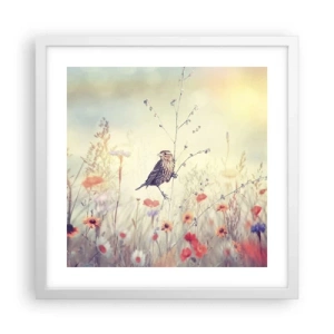 Pôster em moldura branca - Retrato de um pássaro com um prado no fundo - 40x40 cm