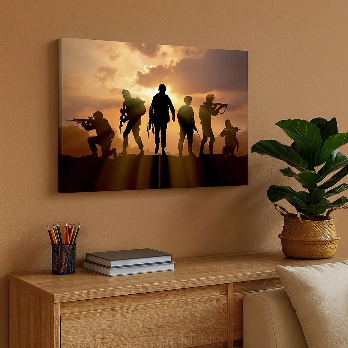 Quadro em tela - Soldados tendo como pano de fundo o pôr do sol em um cenário dinâmico - 70x50cm - Brothers in arms - Decoração de parede moderna para a sala de estar e quarto ARTTOR