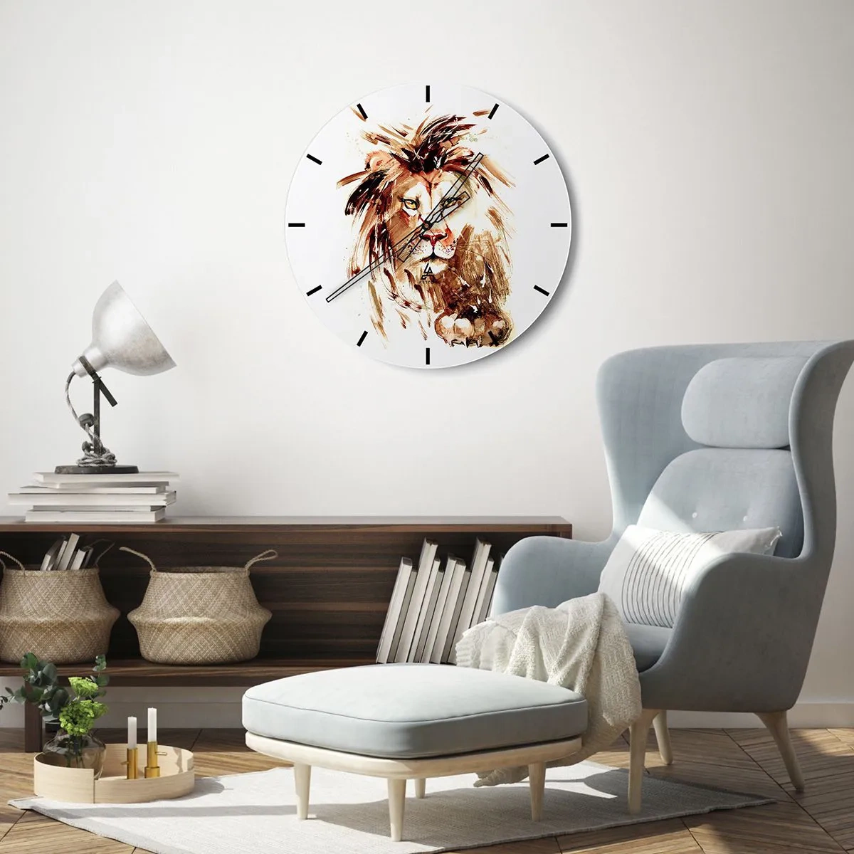 Relógio de parede - Relógio em vidro - Retrato de um leão em tons de marrom em uma forma artística dinâmica - 30x30cm - Força e dignidade - Decoração de parede moderna para a sala de estar, cozinha e quarto ARTTOR