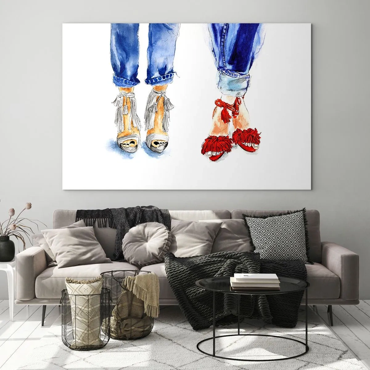 Quadro em vidro - Dois sapatos estilosos contra o fundo de jeans - 70x50cm - Por que não vamos passear? - Decoração de parede moderna para a sala de estar e quarto ARTTOR