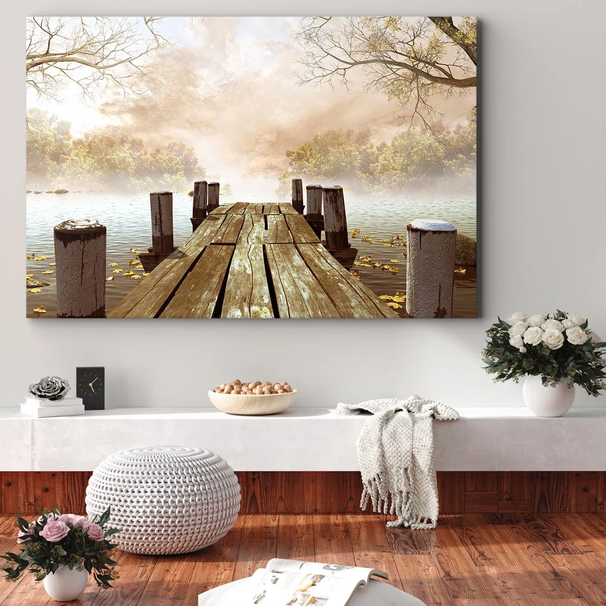Quadro em tela - Um píer de madeira que leva a um lago calmo na névoa da manhã - 70x50cm - A leve tristeza do outono - Decoração de parede moderna para a sala de estar e quarto ARTTOR