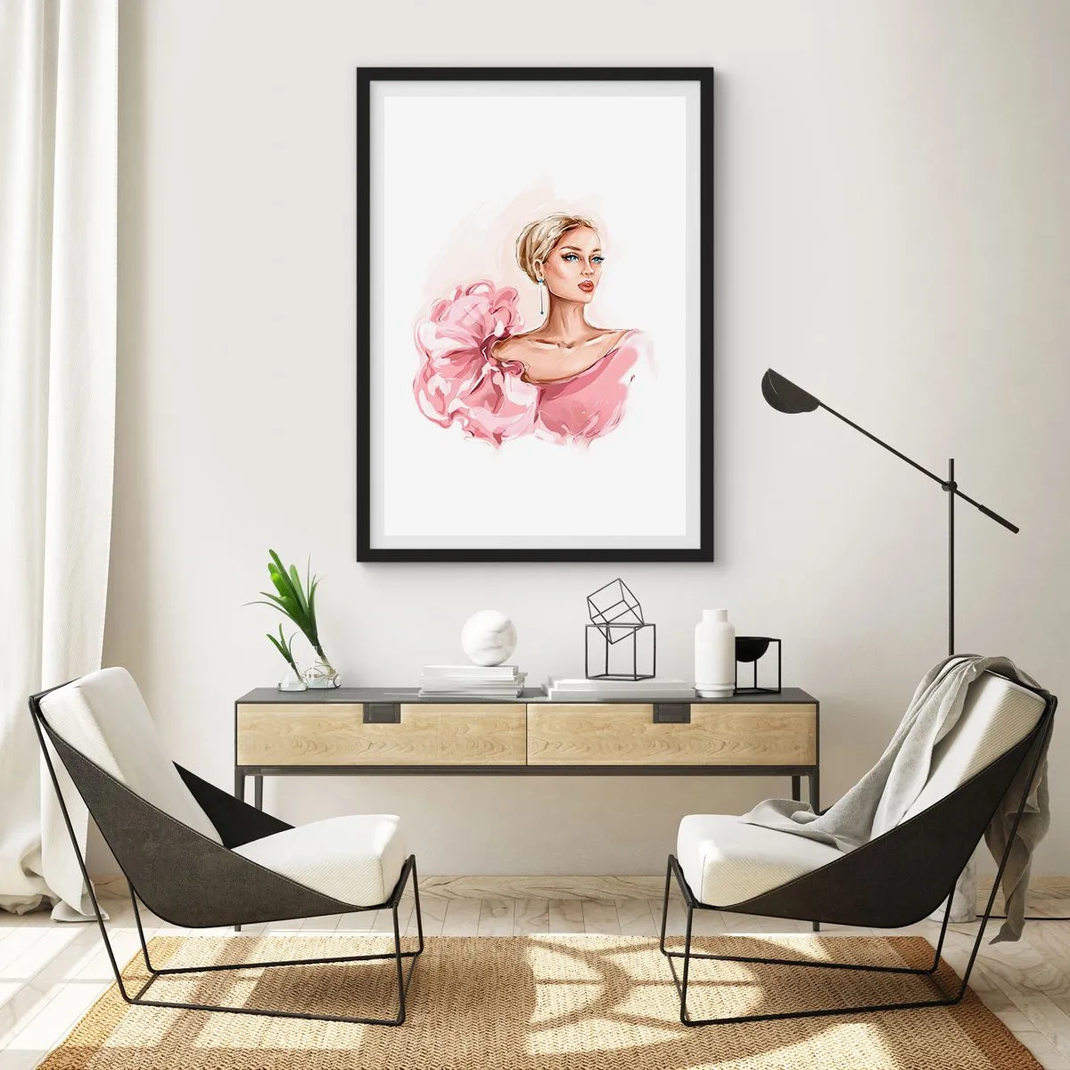 Pôster com moldura preta - Mulher elegante em um vestido rosa - 50x70cm - Parece pintada... - Decoração de parede moderna para a sala de estar e quarto ARTTOR