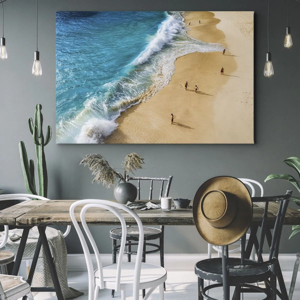 Quadro em tela - Uma praia com águas turquesas e pessoas caminhando por ali - 70x50cm - E depois o sol, a praia… - Decoração de parede moderna para a sala de estar e quarto ARTTOR