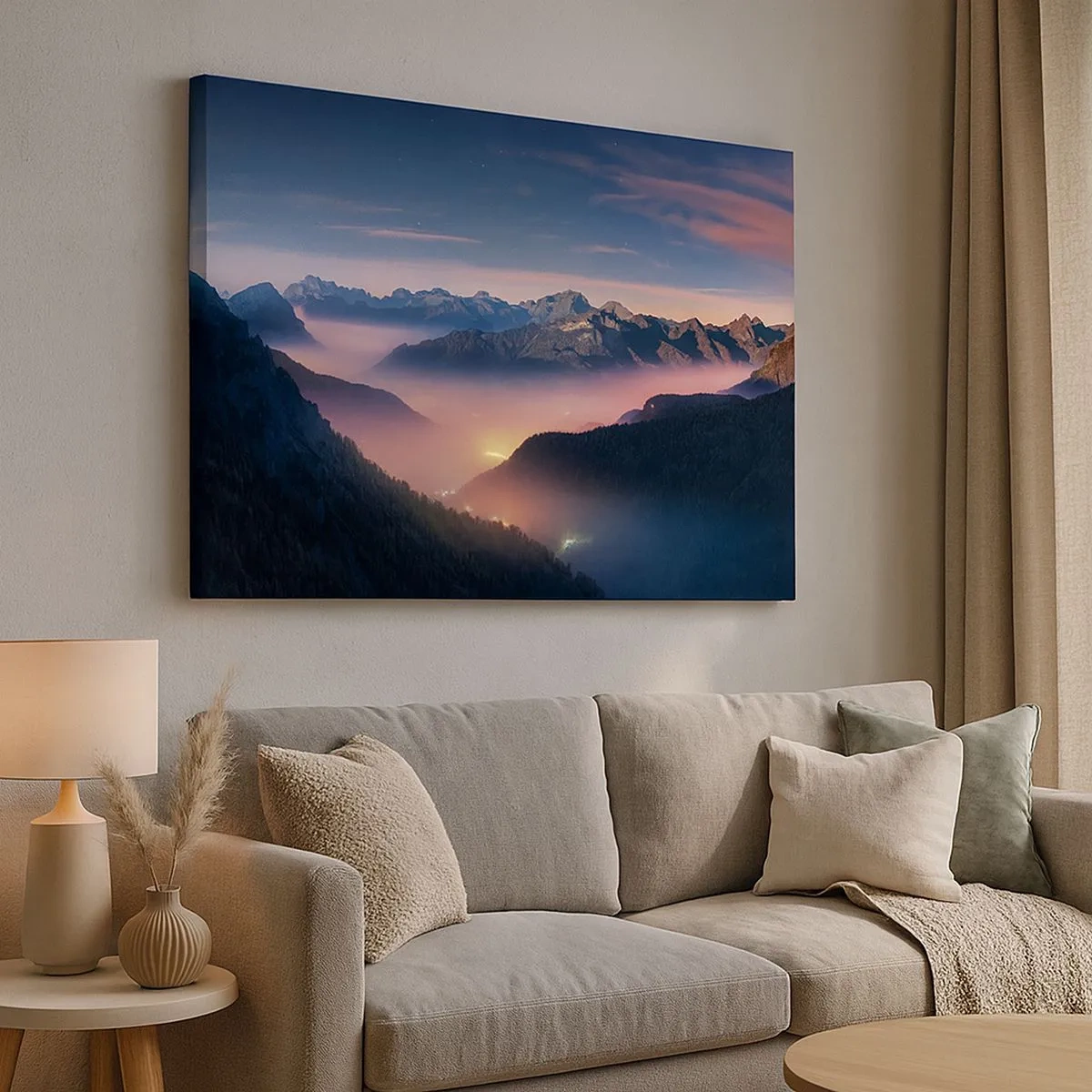 Quadro em tela - Uma paisagem montanhosa com um vale cheio de neblina - 70x50cm - Luz nos vales - Decoração de parede moderna para a sala de estar e quarto ARTTOR