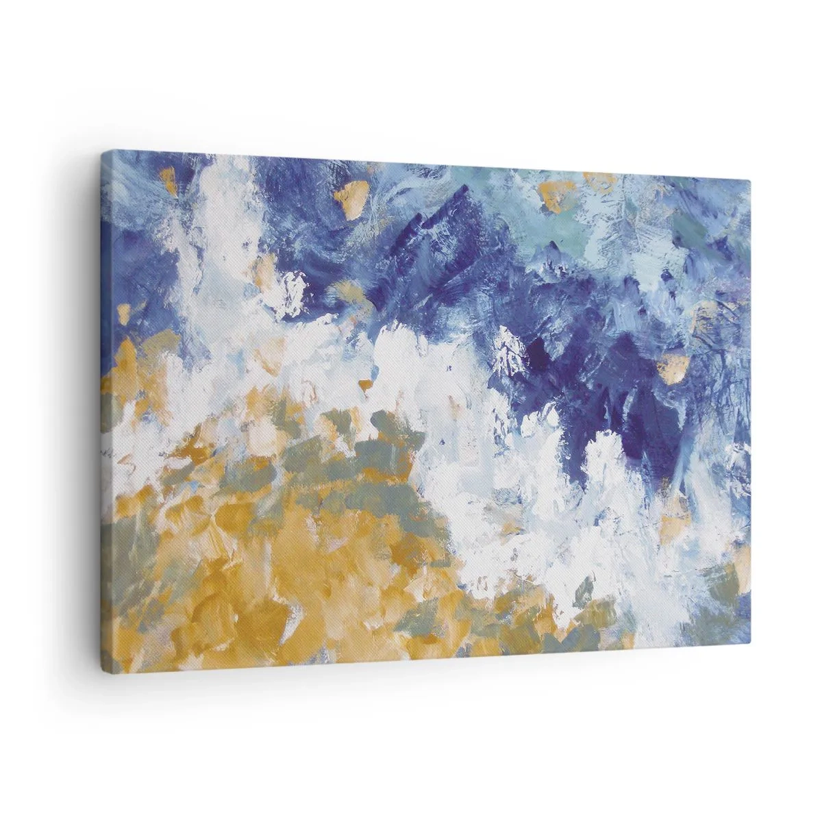 Quadro em tela - Abstração em tons de azul, branco e dourado - 70x50cm - Dança dos elementos - Decoração de parede moderna para a sala de estar e quarto ARTTOR
