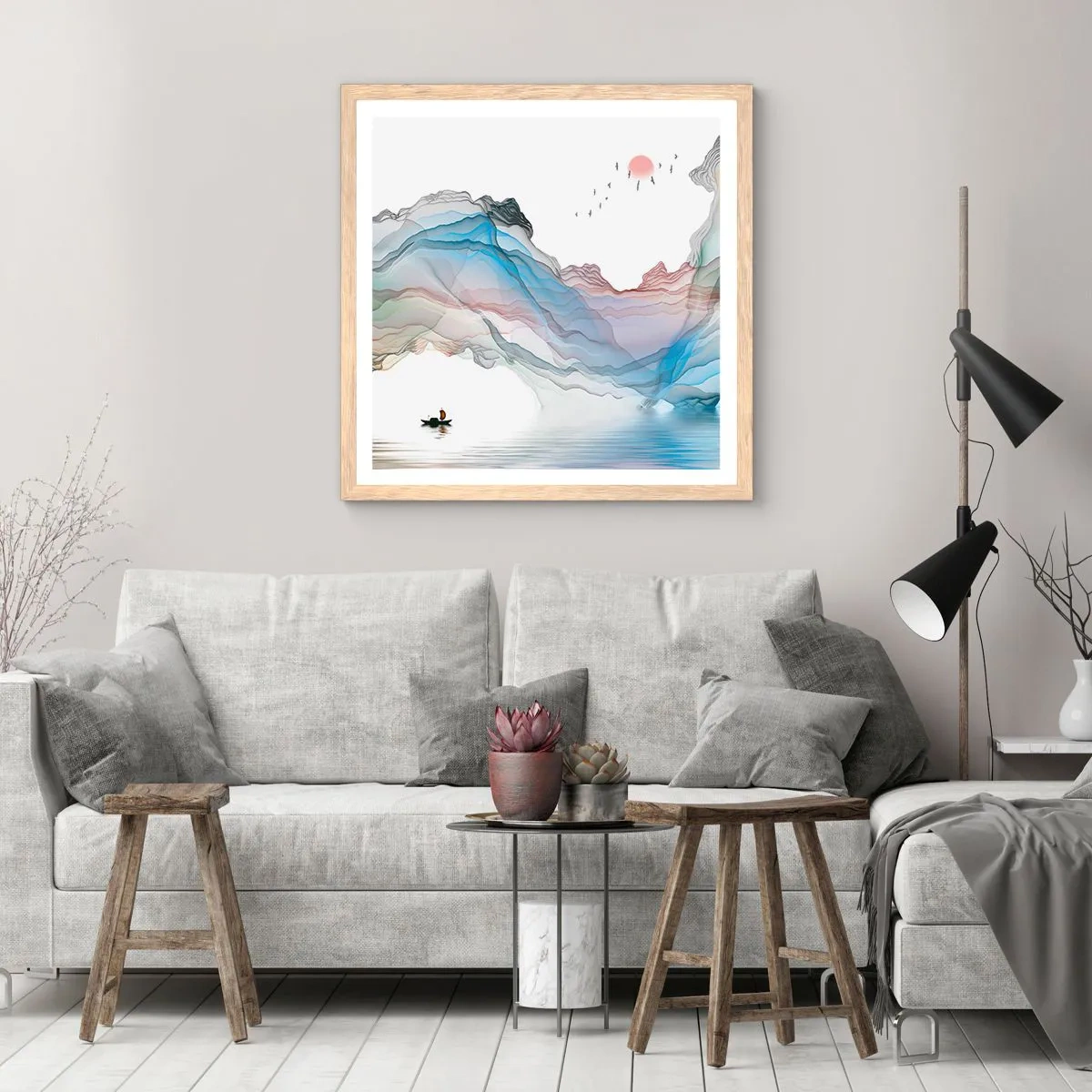 Pôster com moldura de carvalho claro - Em direção às montanhas de cristal - 40x40 cm
