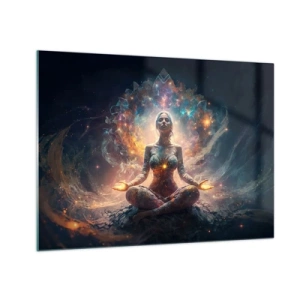 Quadro em vidro - Uma mulher meditando em uma aura luminosa de energia e cor - 70x50cm - Fluxo de boa energia - Decoração de parede moderna para a sala de estar e quarto ARTTOR