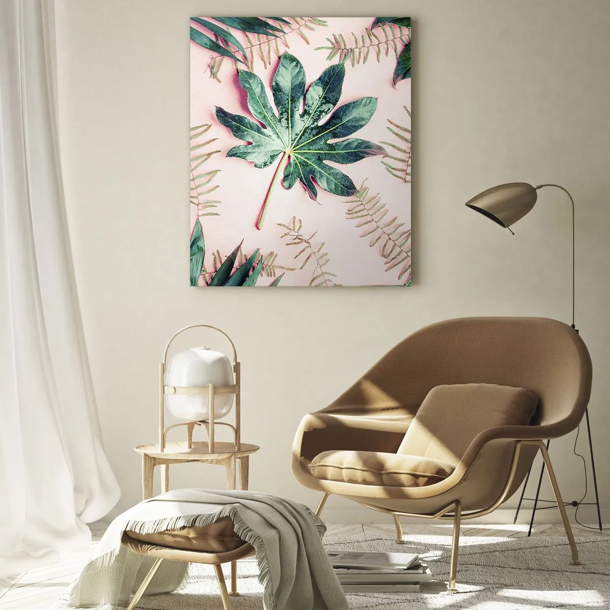Quadro em vidro - Estudo do verde em um fundo rosa - 50x70 cm