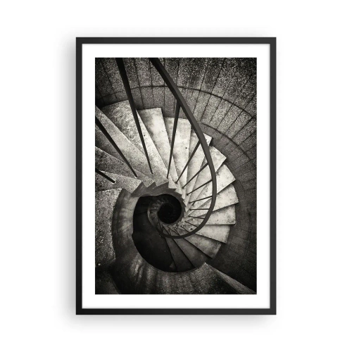 Pôster com moldura preta - Fotografia em preto e branco de uma escada em espiral vista de cima - 50x70cm - Suba as escadas, desça as escadas - Decoração de parede moderna para a sala de estar e quarto ARTTOR