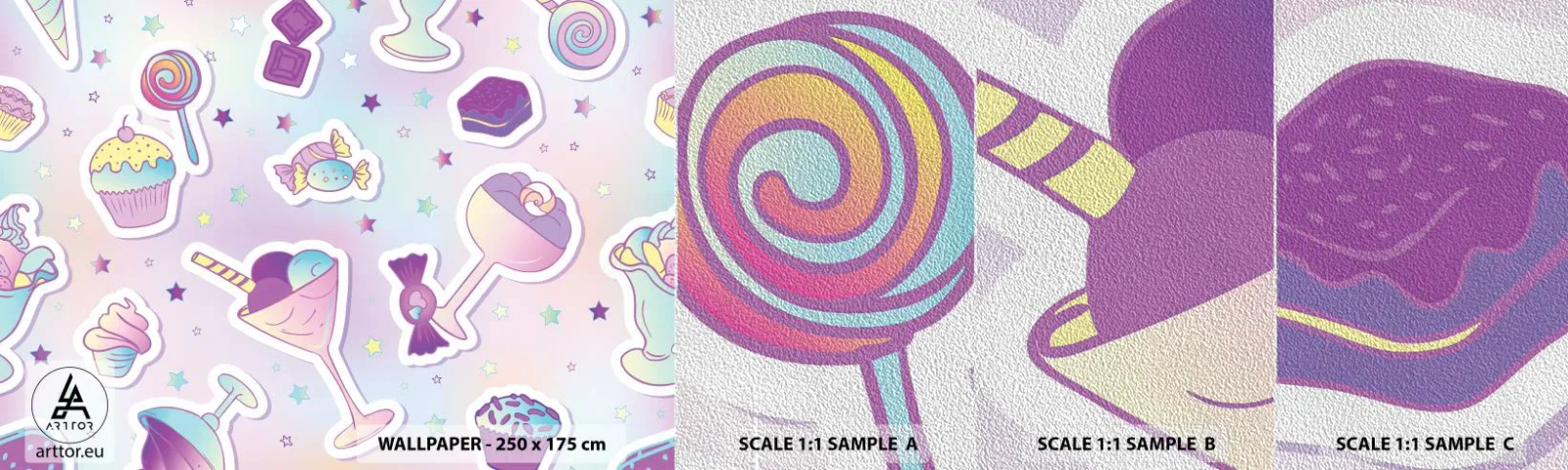 Amostra de papel de parede Premium Sand - Tenha um aniversário todos os dias - Para crianças, Doce, Pirulito - 100x30 cm