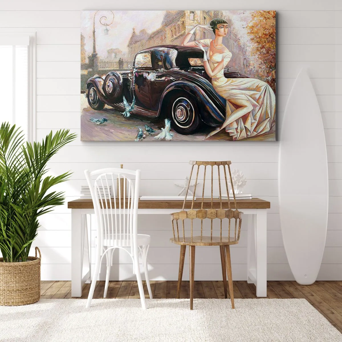 Quadro em tela - Mulher retrô ao lado de carro clássico - 70x50cm - Elegância retro - Decoração de parede moderna para a sala de estar e quarto ARTTOR