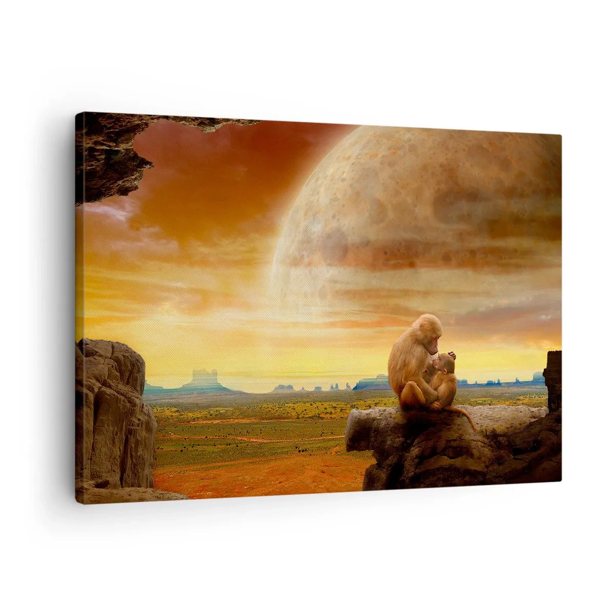 Quadro em tela - Macacos sentados em uma rocha em uma paisagem surreal com um planeta gigante - 70x50cm - O amor é o mesmo em todos os lugares - Decoração de parede moderna para a sala de estar e quarto ARTTOR