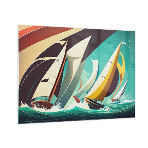Quadro em vidro - Ilustração em estilo retrô de veleiros em um mar tempestuoso - 70x50cm - Boa sorte com os elementos - Decoração de parede moderna para a sala de estar e quarto ARTTOR