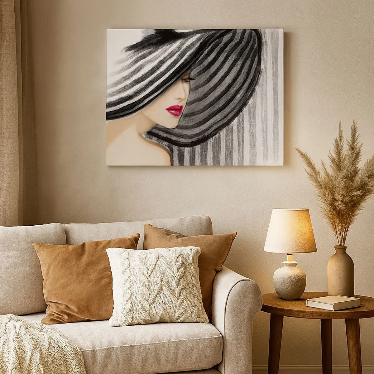Quadro em tela - Mulher usando um chapéu preto e branco com detalhes em vermelho - 70x50cm - Onde encontrar-te? - Decoração de parede moderna para a sala de estar e quarto ARTTOR