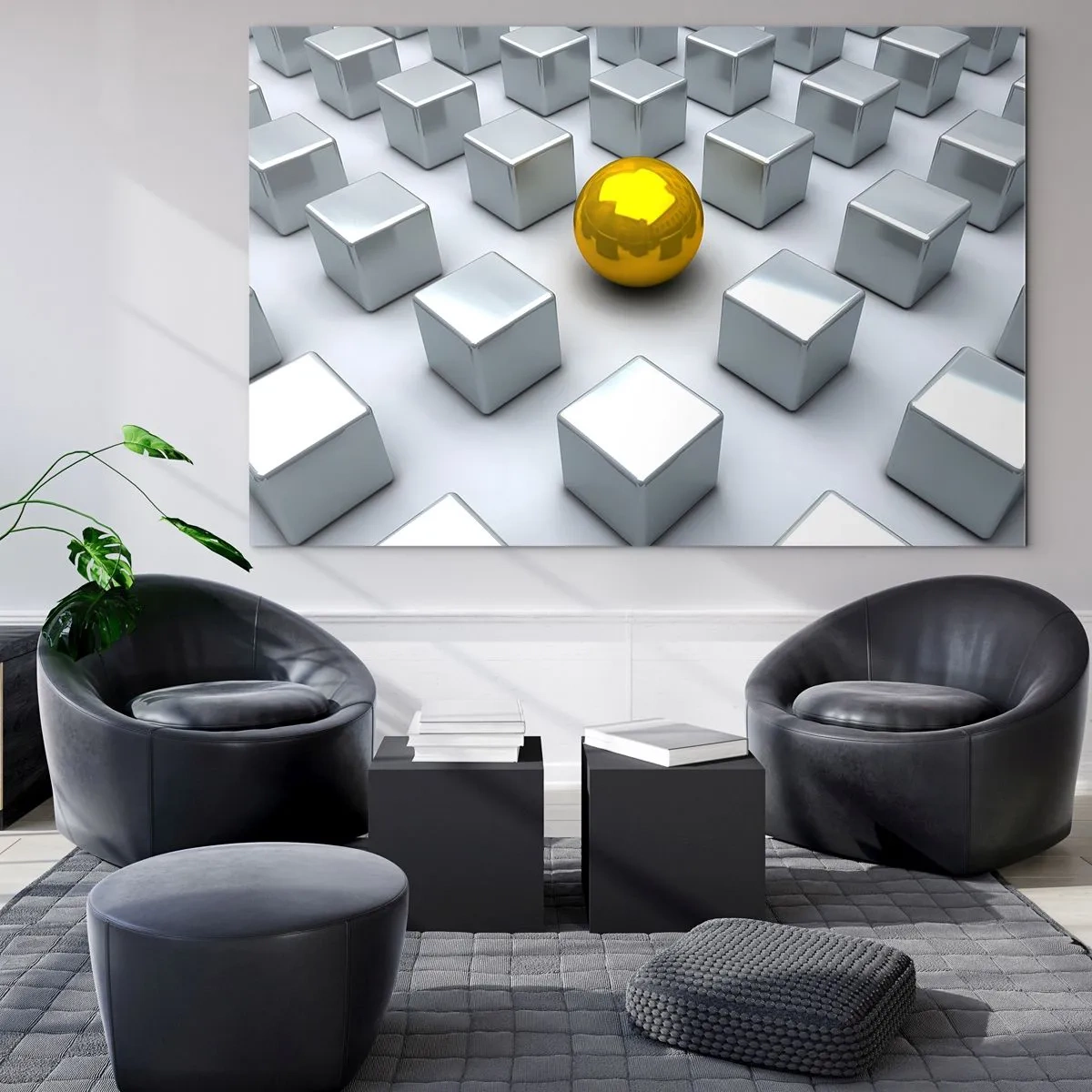 Quadro em vidro - Uma esfera dourada cercada por cubos prateados - 70x50cm - Por que eu? Obras de arte geométricas - Decoração de parede moderna para a sala de estar e quarto ARTTOR