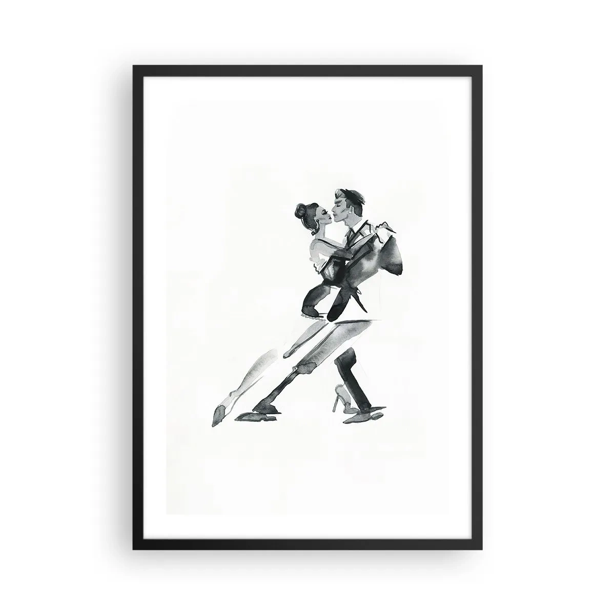 Pôster com moldura preta - Pintura em aquarela em preto e branco de um casal dançando - 50x70cm - Num só ritmo - Decoração de parede moderna para a sala de estar e quarto ARTTOR