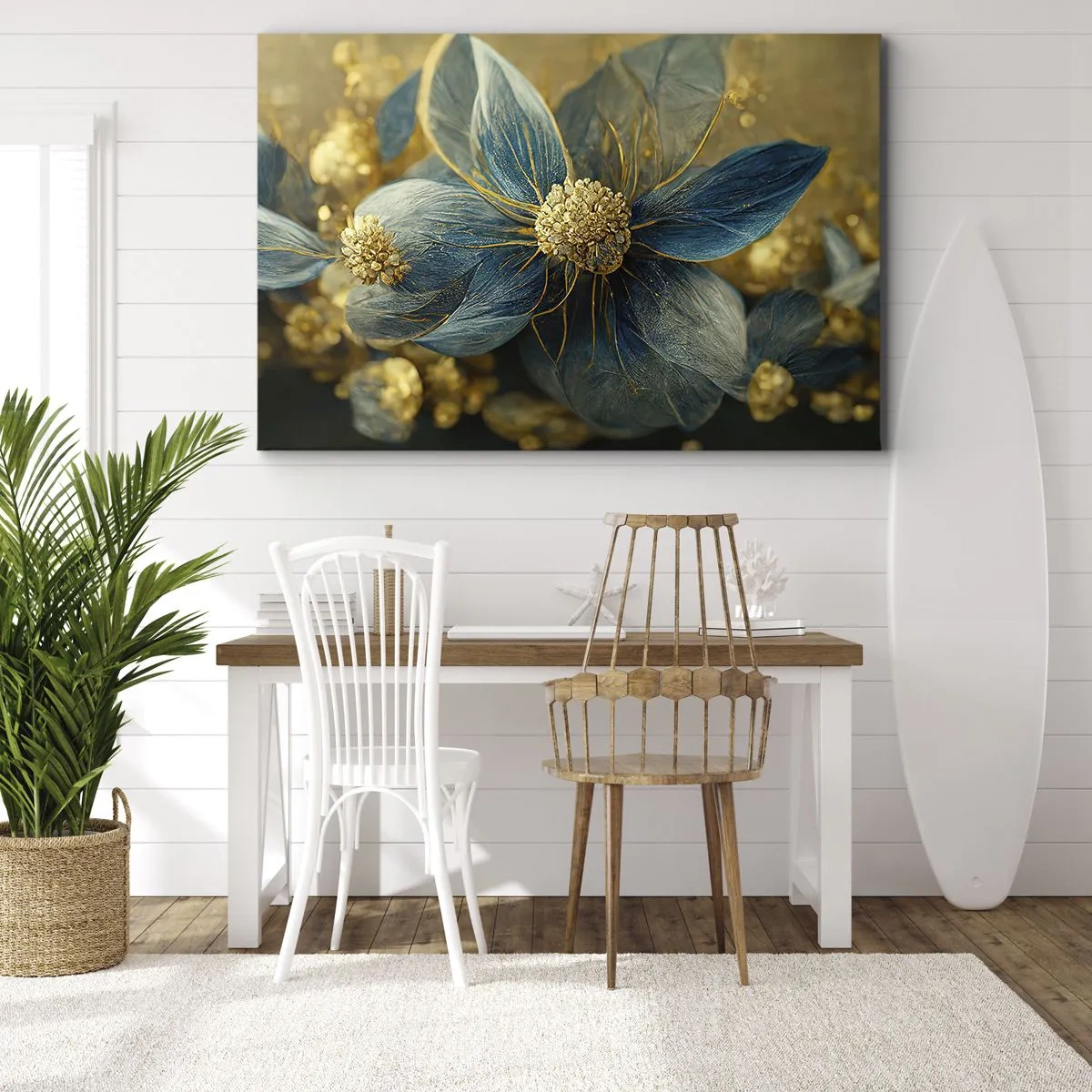 Quadro em tela - Flores elegantes em tons de azul e dourado - 70x50cm - Florescer com ouro - Decoração de parede moderna para a sala de estar e quarto ARTTOR