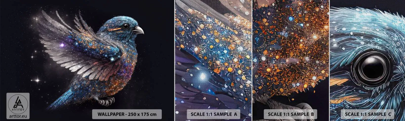 Amostra de papel de parede Premium Canvas - Pardal de diamante - Pássaro, Magia, Cosmos - 100x30 cm