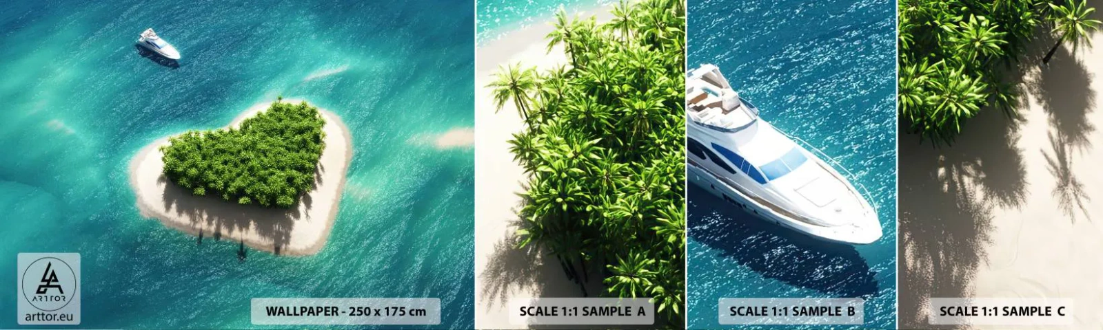 Amostra de Papel de Parede Standard Eco - Eu amo o verão - Paisagem, Ilha no oceano, Iate - 100x30 cm