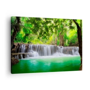 Quadro em tela - Uma cachoeira verde cercada por densa vegetação tropical - 70x50cm - Cascata verde - Decoração de parede moderna para a sala de estar e quarto ARTTOR