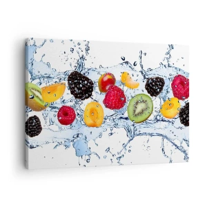 Quadro em tela - Frutas coloridas imersas em respingos de água em um fundo branco - 70x50cm - Divirta-se connosco - Decoração de parede moderna para a sala de estar e quarto ARTTOR