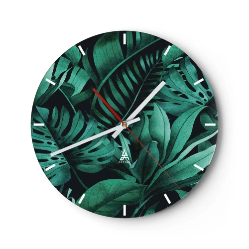 Relógio de parede - Relógio em vidro - Folhas verdes tropicais em um fundo escuro - 30x30cm - A profundidade da vegetação tropical - Decoração de parede moderna para a sala de estar, cozinha e quarto ARTTOR