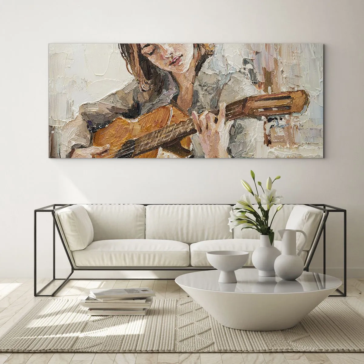 Quadro em vidro - Concerto de violão e coração de rapariga - 90x30 cm