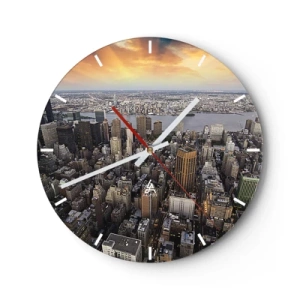 Relógio de parede - Relógio em vidro - Panorama da cidade com arranha-céus altos ao pôr do sol - 30x30cm - O coração pulsante do nosso tempo - Decoração de parede moderna para a sala de estar, cozinha e quarto ARTTOR