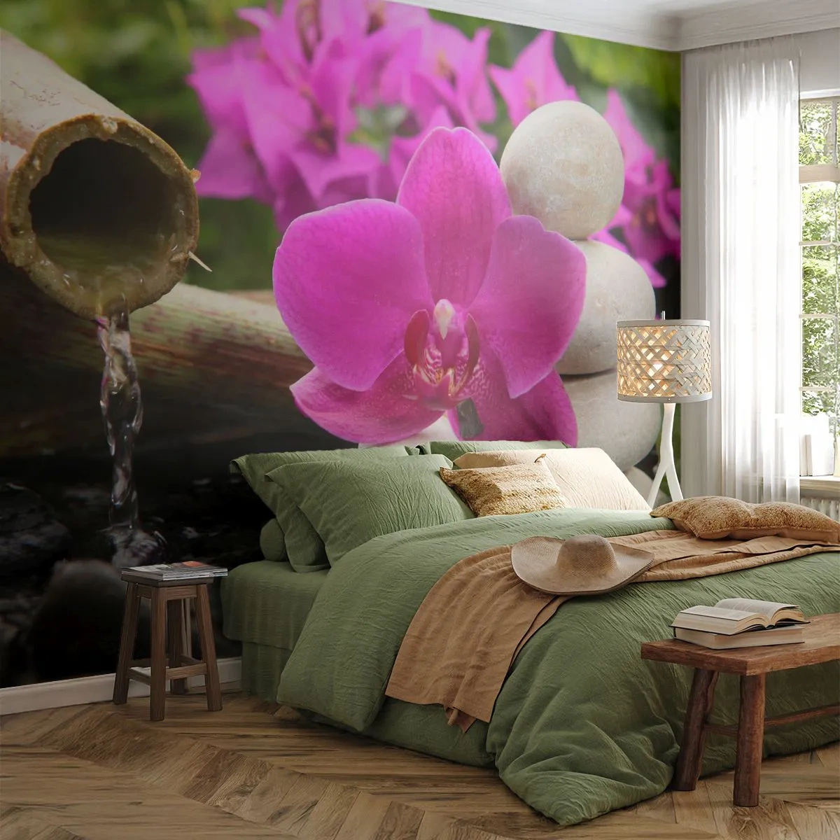 Papel de Parede Autocolante Deluxe Sticker - Descanso imediato - Flores, Bambu, Orquídea - 250x175 cm
