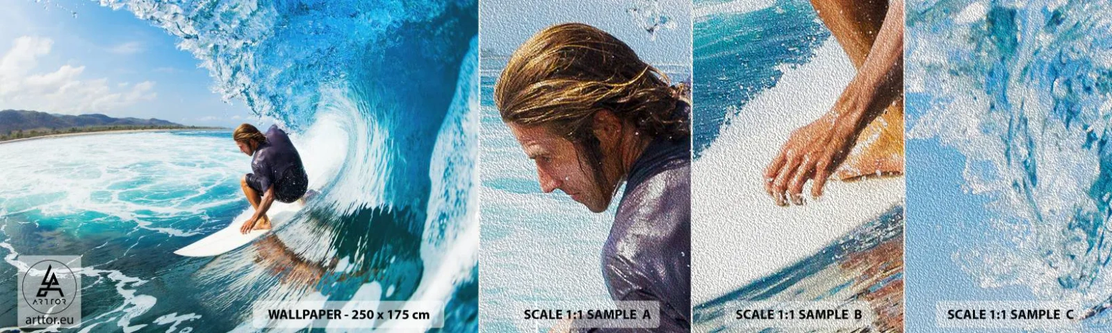 Amostra de papel de parede Premium Sand - Dançando com as ondas - Esporte, Surfar, Prancha de surfe - 100x30 cm