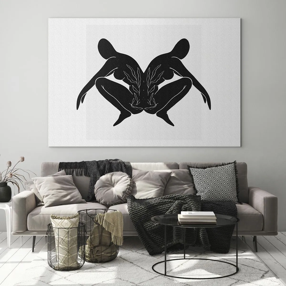 Quadro em vidro - Figuras pretas formando um coração simétrico sobre um fundo branco - 70x50cm - Uma alma comum - Decoração de parede moderna para a sala de estar e quarto ARTTOR