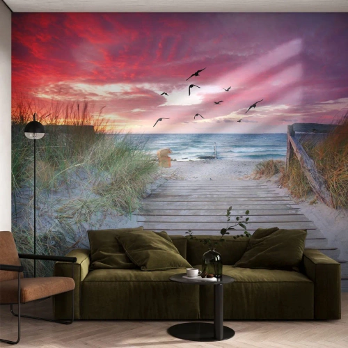 Papel de Parede Premium Canvas - Impressão do Báltico - Paisagem Marítima, Praia, Pássaros - 250x175 cm