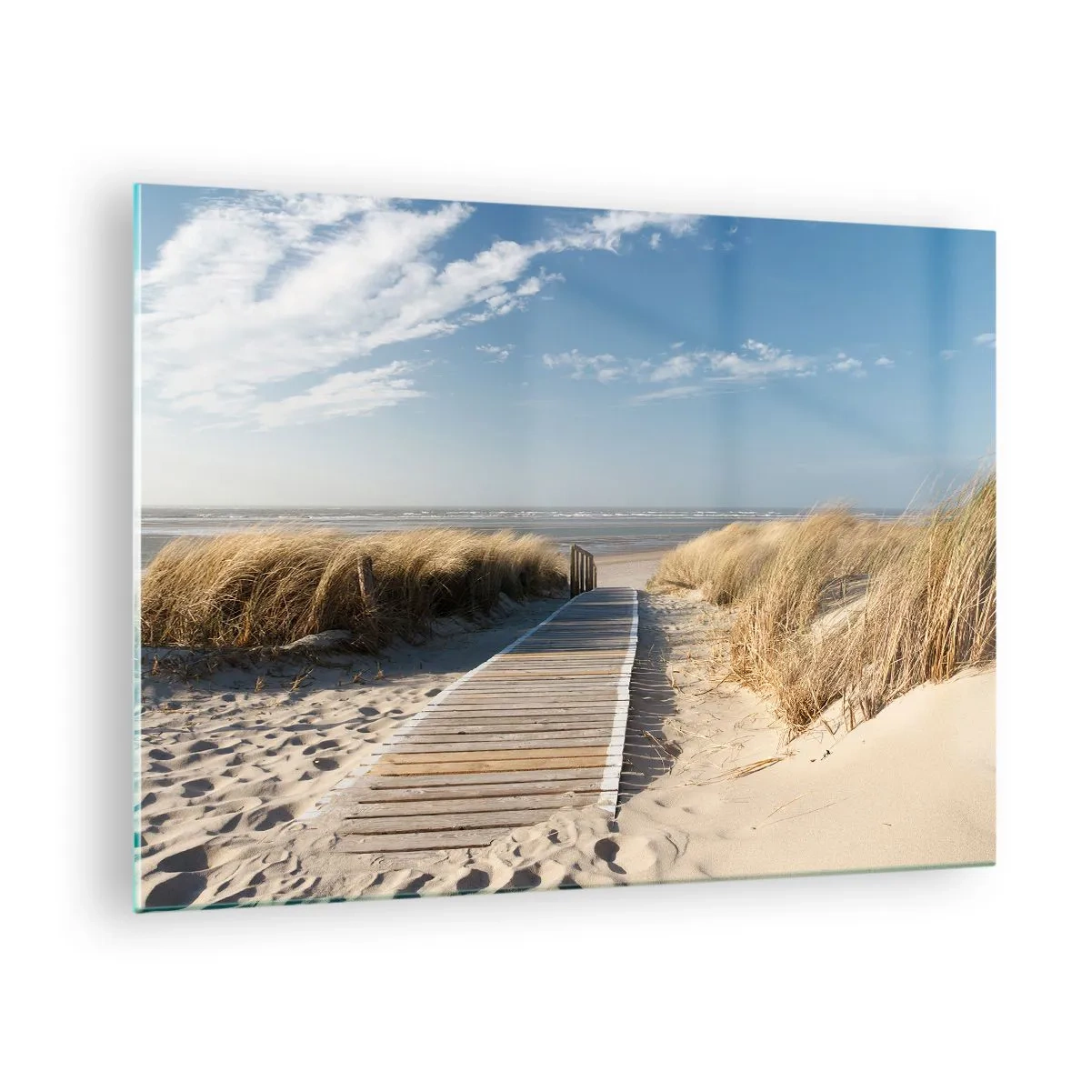 Quadro em vidro - Caminho de madeira pelas dunas que leva à praia - 70x50cm - Atrás da duna, ao som da relva - Decoração de parede moderna para a sala de estar e quarto ARTTOR