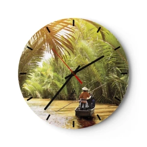 Relógio de parede - Relógio em vidro - Pessoas em um barco navegando por uma densa floresta de palmeiras - 30x30cm - Desfiladeiro das palmeiras - Decoração de parede moderna para a sala de estar, cozinha e quarto ARTTOR