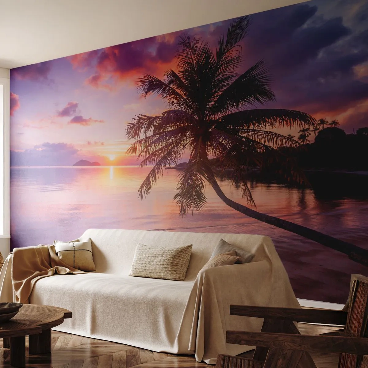 Papel de Parede Premium Sand - Felicidade no horizonte - Paisagem, Coqueiro, Mar - 100x70 cm