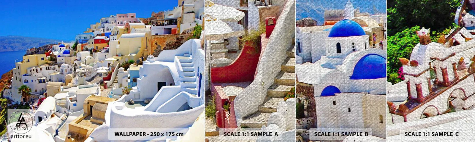 Amostra de papel de parede Premium Canvas - O sonho de um verão grego - Arquitetura, Paisagem, Santorini - 100x30 cm