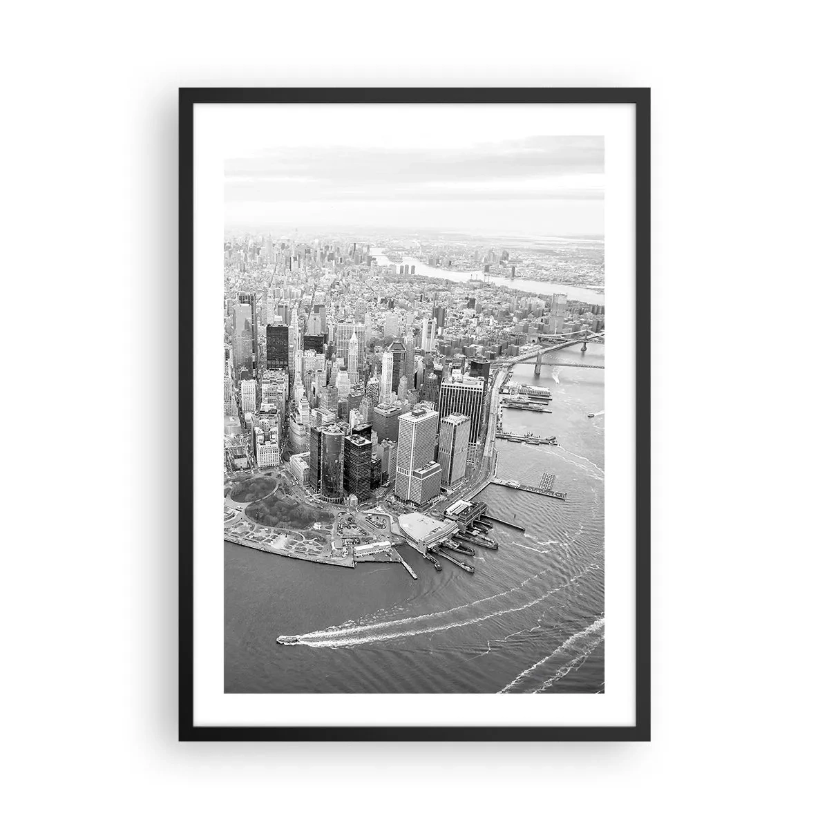 Pôster com moldura preta - Um panorama em preto e branco da cidade com vista para a água - 50x70cm - Como não amar? - Decoração de parede moderna para a sala de estar e quarto ARTTOR