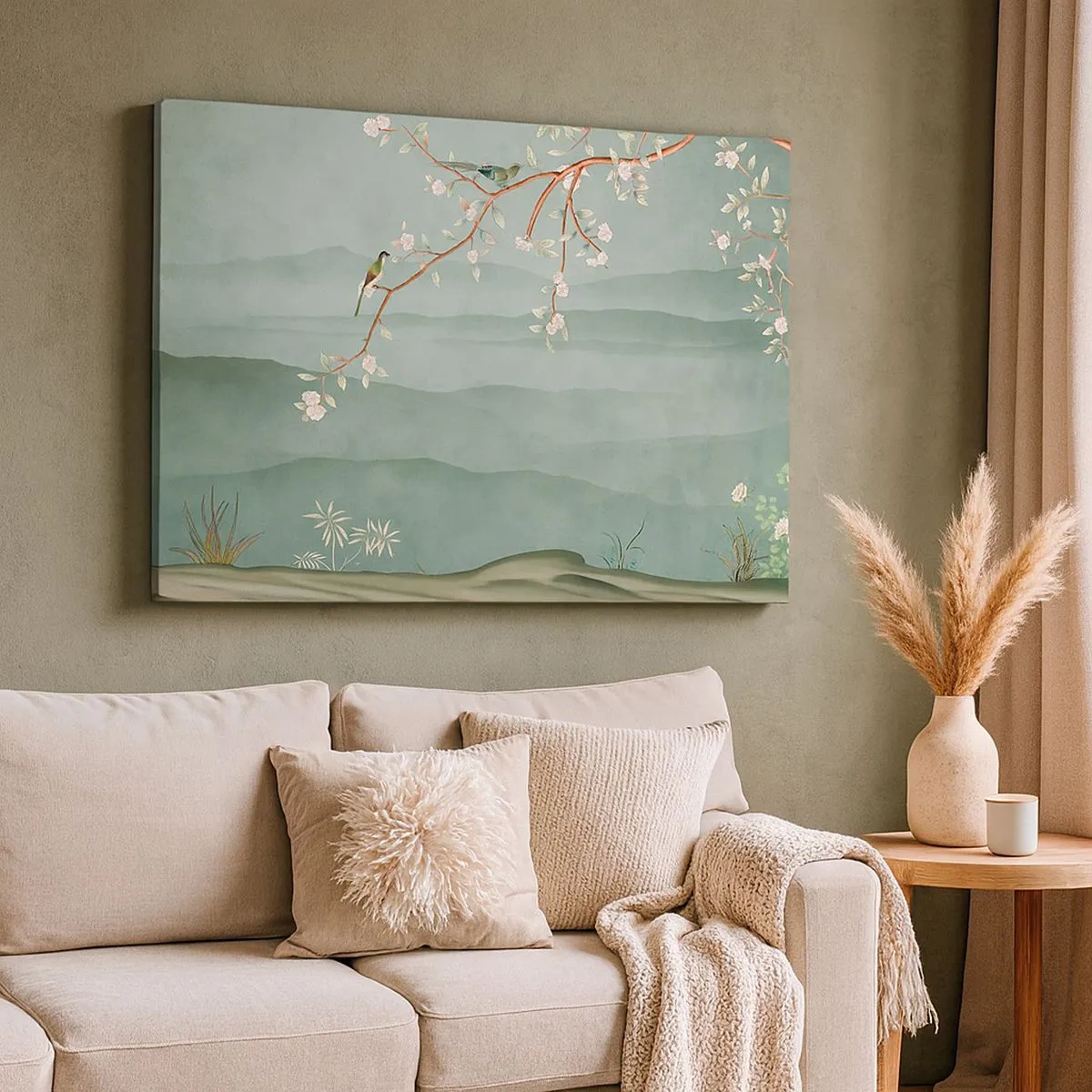 Quadro em tela - Uma imagem pitoresca de um galho de árvore florido com pássaros tendo como pano de fundo colinas verdes. - 70x50cm - Primavera, oh, és tu - Decoração de parede moderna para a sala de estar e quarto ARTTOR