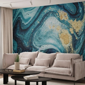 Papel de Parede Standard Eco - Composição abstrata em tons de azul e dourado - 100x70cm - Redemoinho azul - Decoração de parede moderna para a sala de estar e quarto ARTTOR