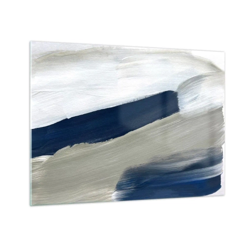 Quadro em vidro - Abstração minimalista com traços dinâmicos de branco, azul marinho e cinza. - 70x50cm - Encontro com a brancura - Decoração de parede moderna para a sala de estar e quarto ARTTOR